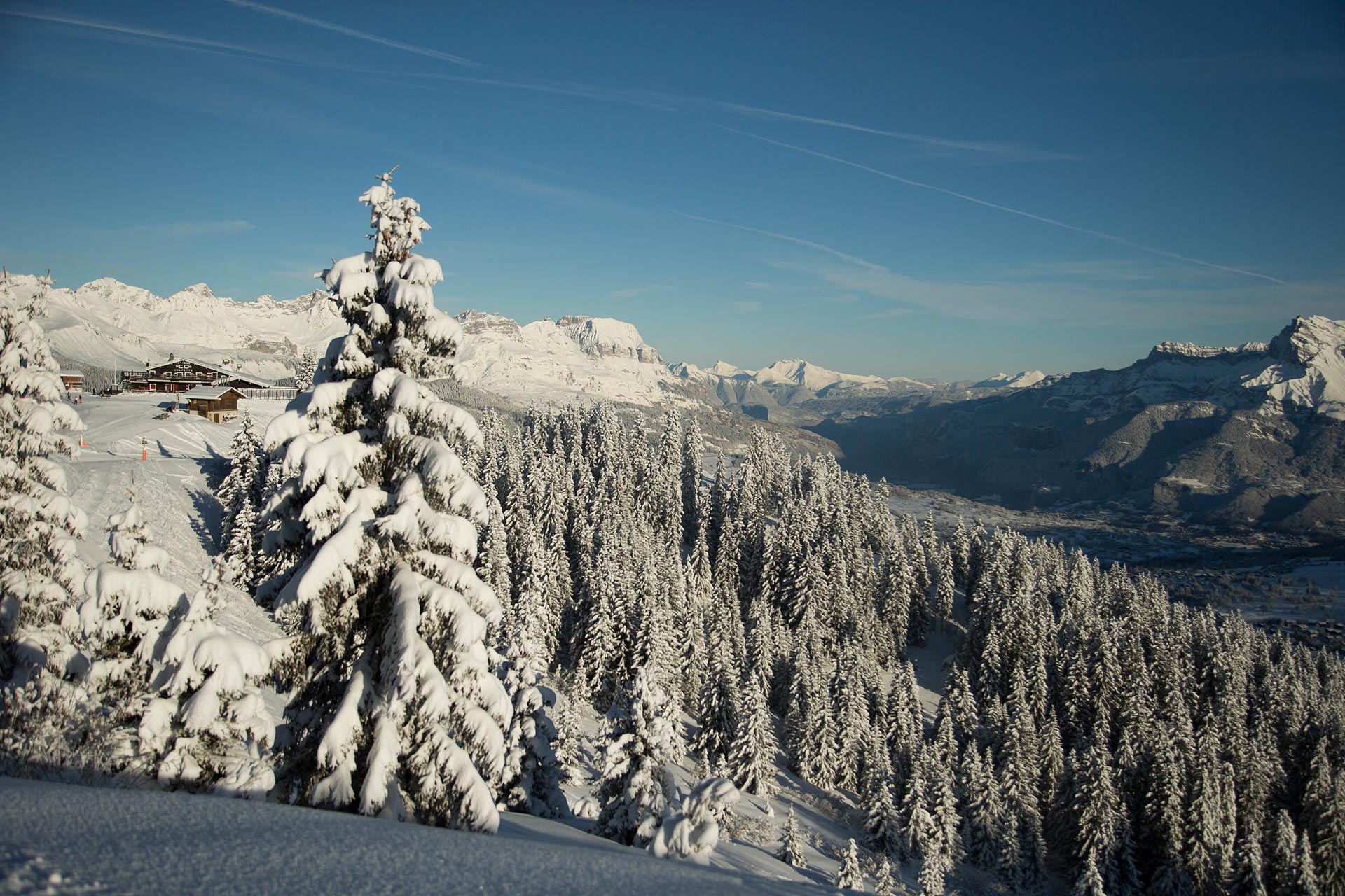 Landschaft-Megeve-natürliche-Umwelt-Tannen-Schnee-Berg