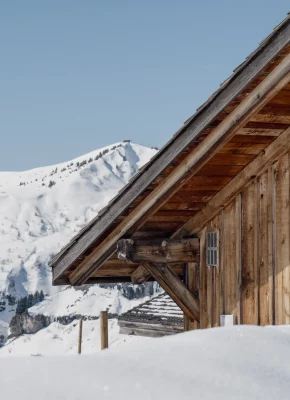 bardage traditionnel d'un chalet dans la neige