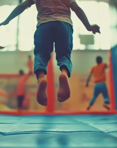 enfant qui saute sur un trampoline les pied en l'air