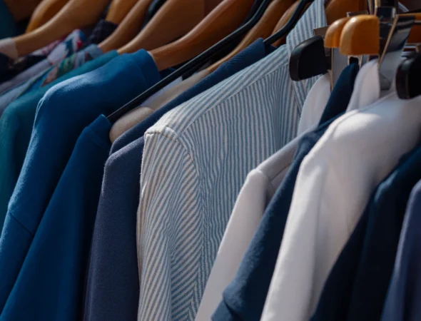 Vêtements suspendus dans une boutique de mode à Megève