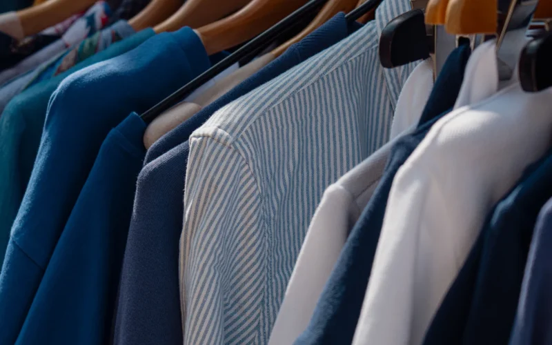 Vêtements suspendus dans une boutique de mode à Megève